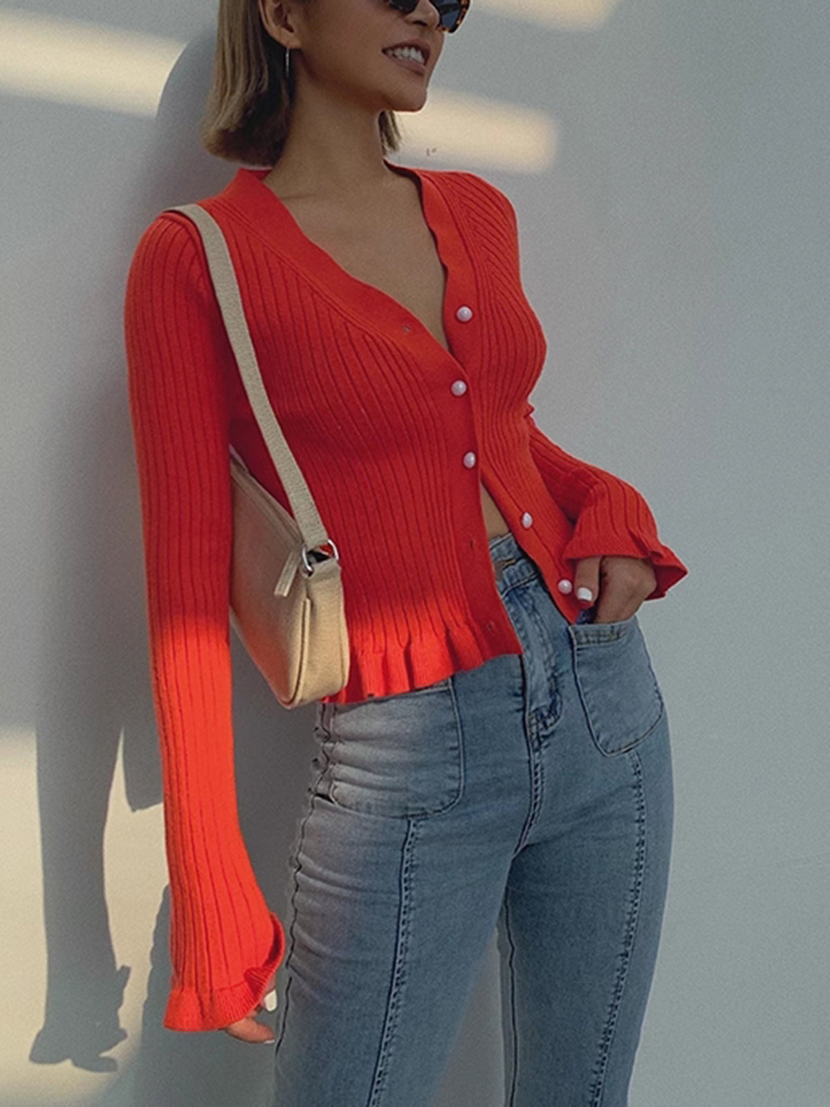 Ruffled Trim Button-Front Long Sleeve Cardigan