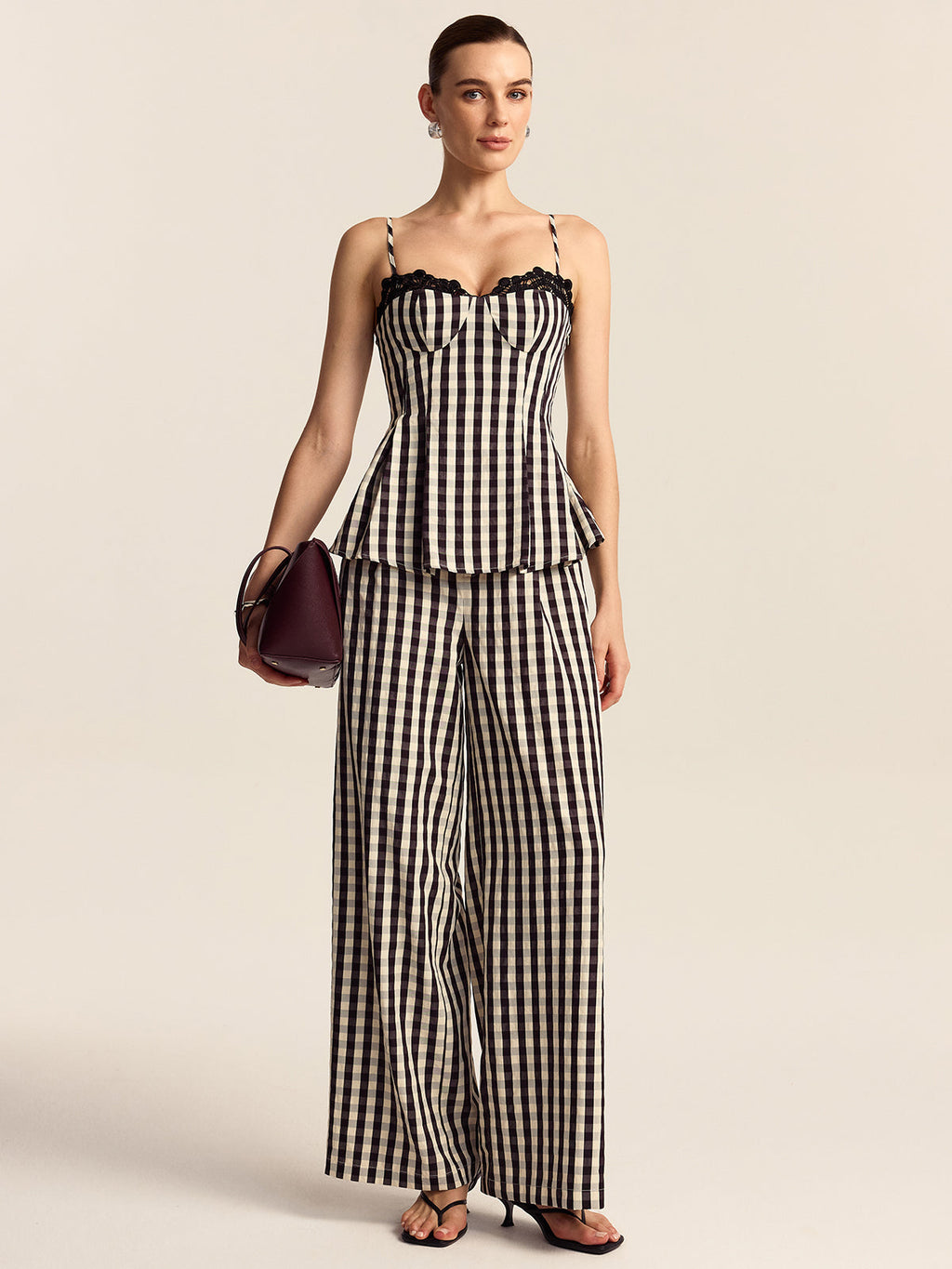 Gingham Spaghetti Strap Peplum Top with Lace Trim