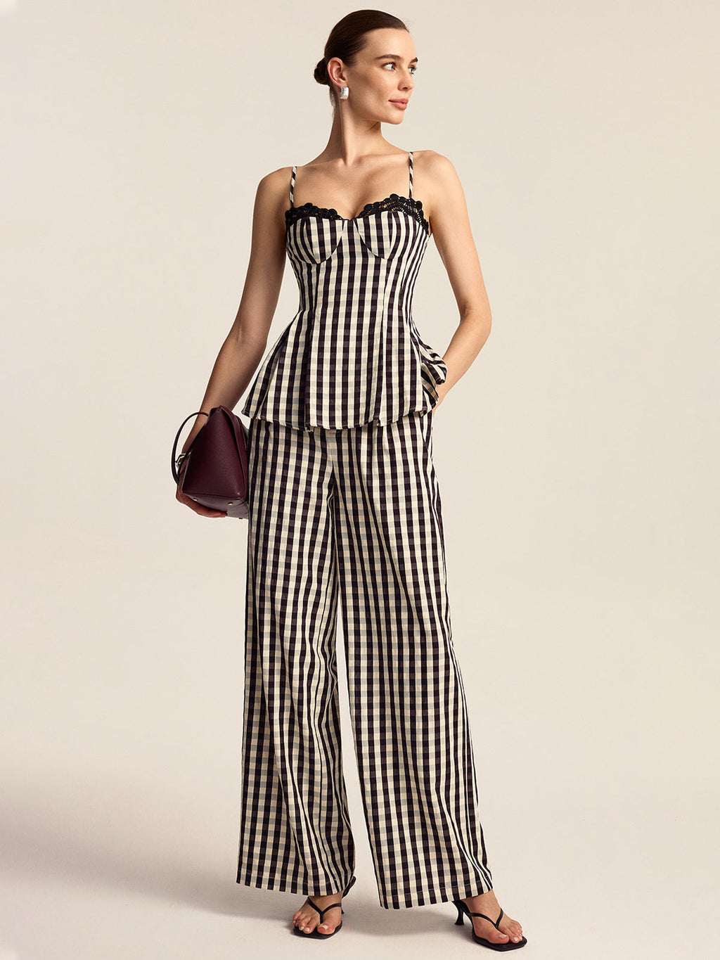 Gingham Spaghetti Strap Peplum Top with Lace Trim