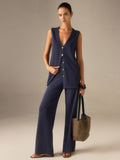 Golden Button Knit Vest Pants Set
