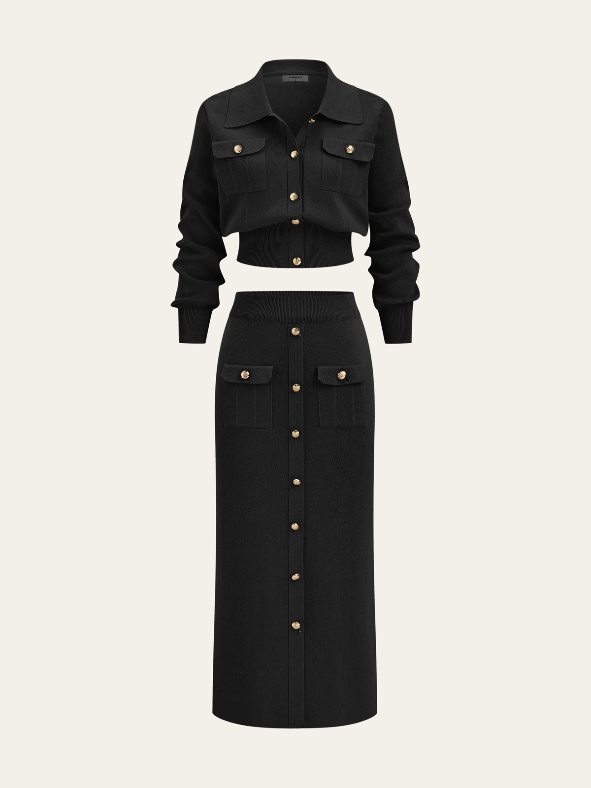 Metal Button Collared Cardigan and Midi Skirt Set