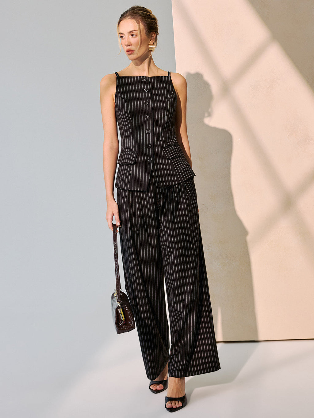 Pinstripe Cami Vest & Wide-Leg Pants Set