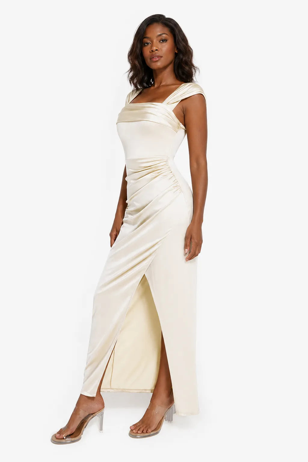 Shapewear Off Shoulder Shine Ruched Sculpting Maxi Dress