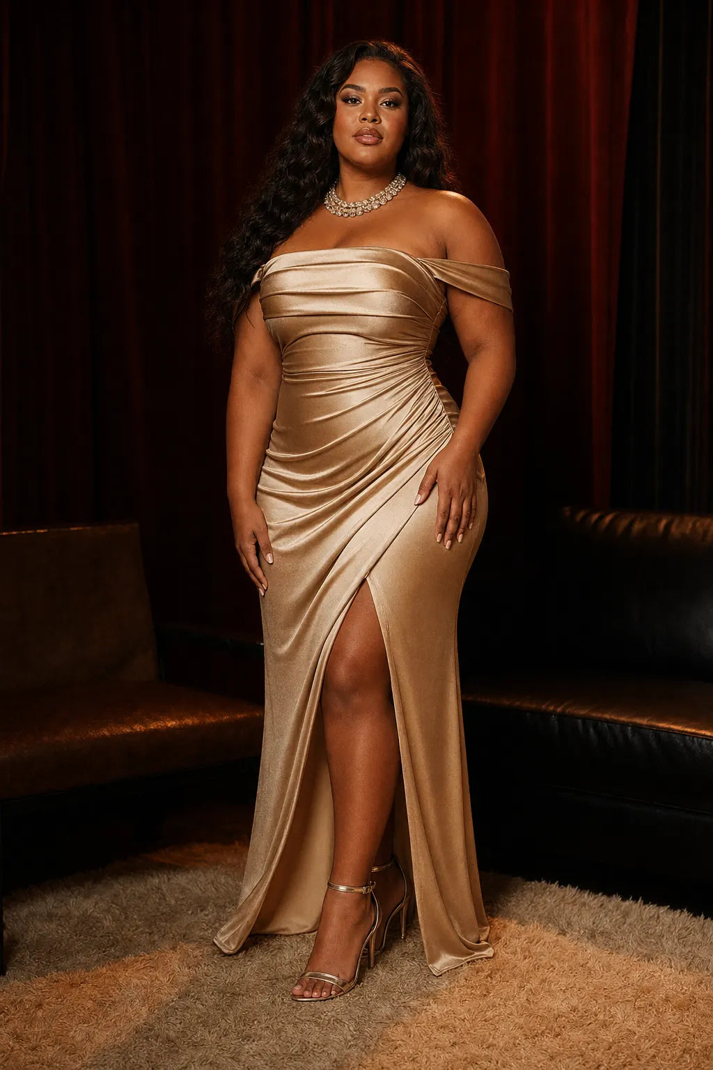 Shapewear Off Shoulder Shine Ruched Sculpting Maxi Dress