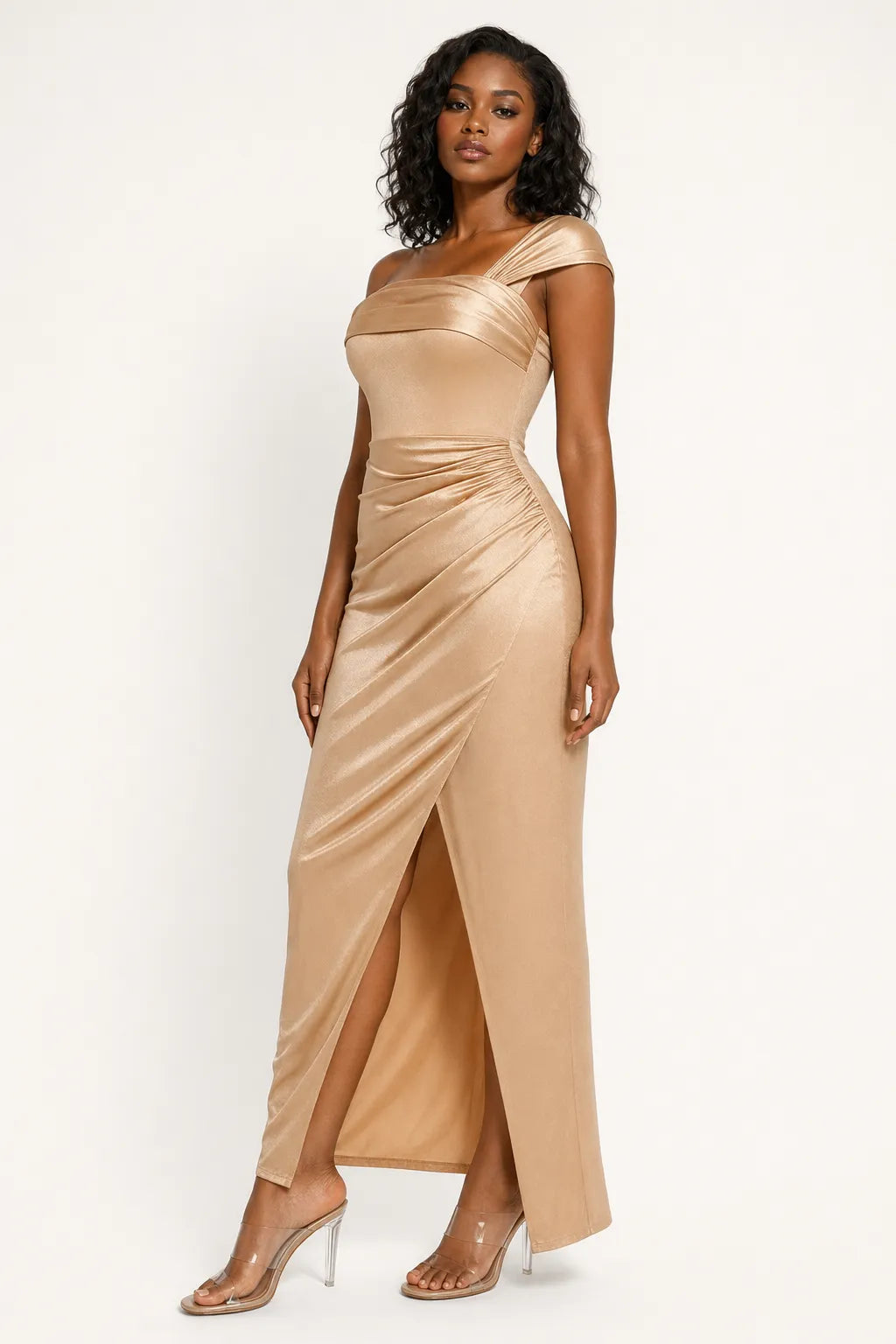 Shapewear Off Shoulder Shine Ruched Sculpting Maxi Dress