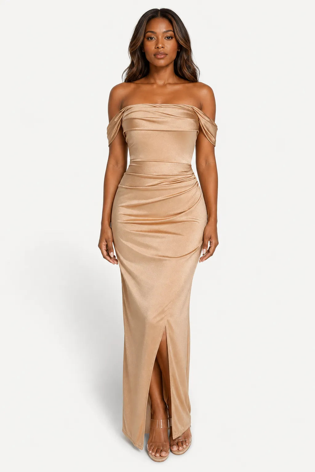 Shapewear Off Shoulder Shine Ruched Sculpting Maxi Dress