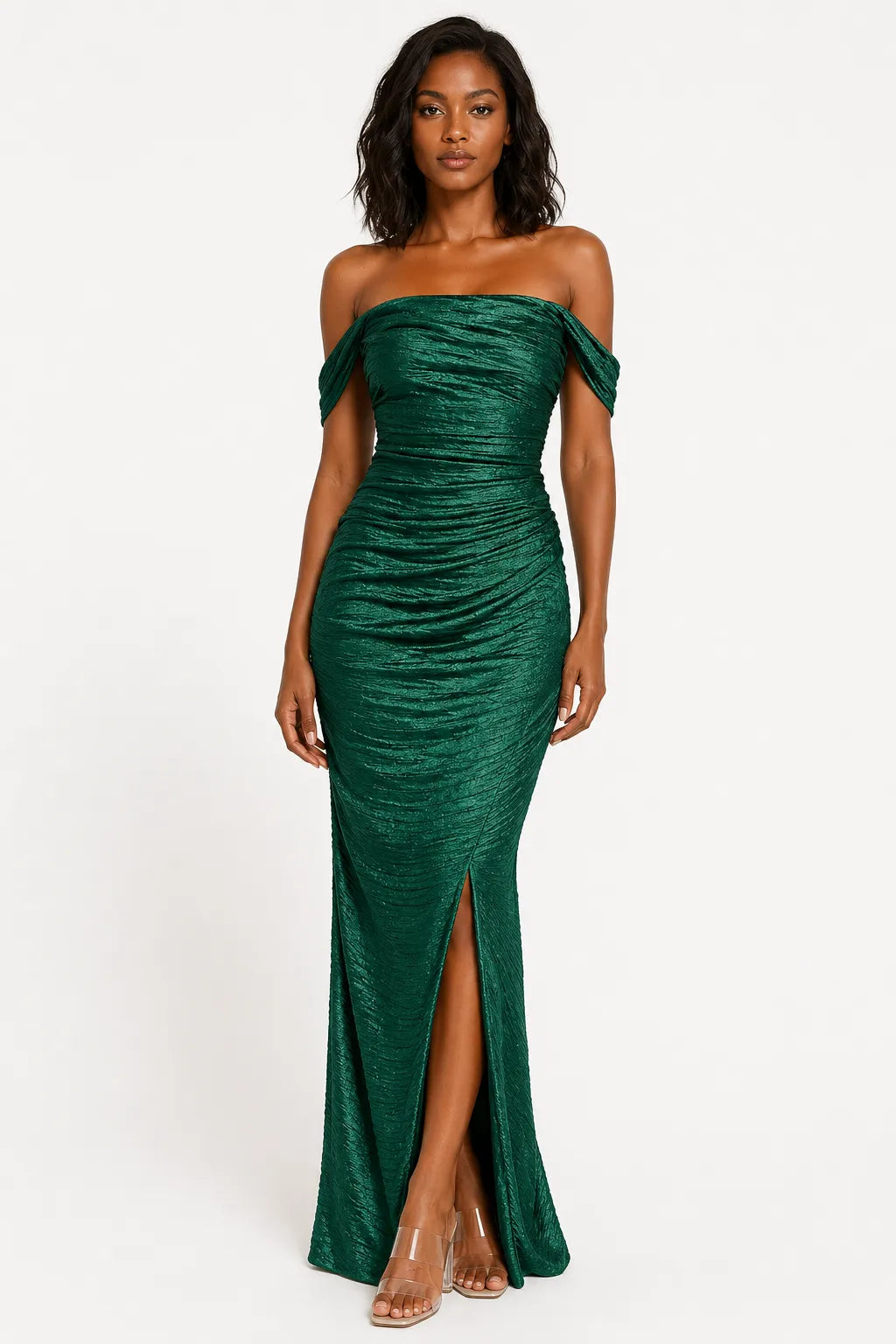 Shapewear Off Shoulder Shine Ruched Sculpting Maxi Dress