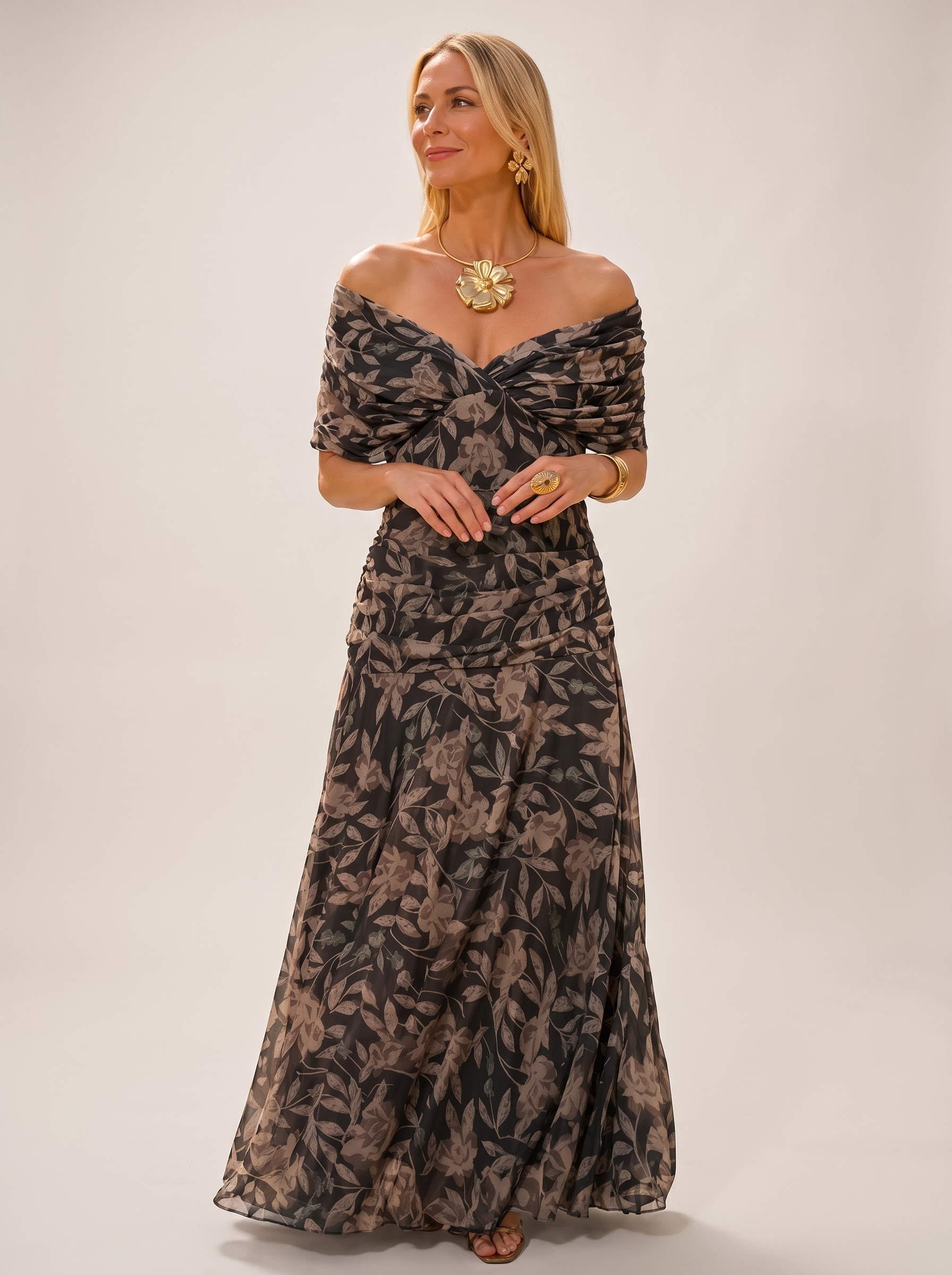 byExora Eloria Elegant Dress in Botanical Print - studio front view on neutral background