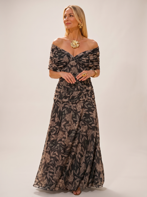 byExora Eloria Elegant Dress in Botanical Print - studio front view on neutral background