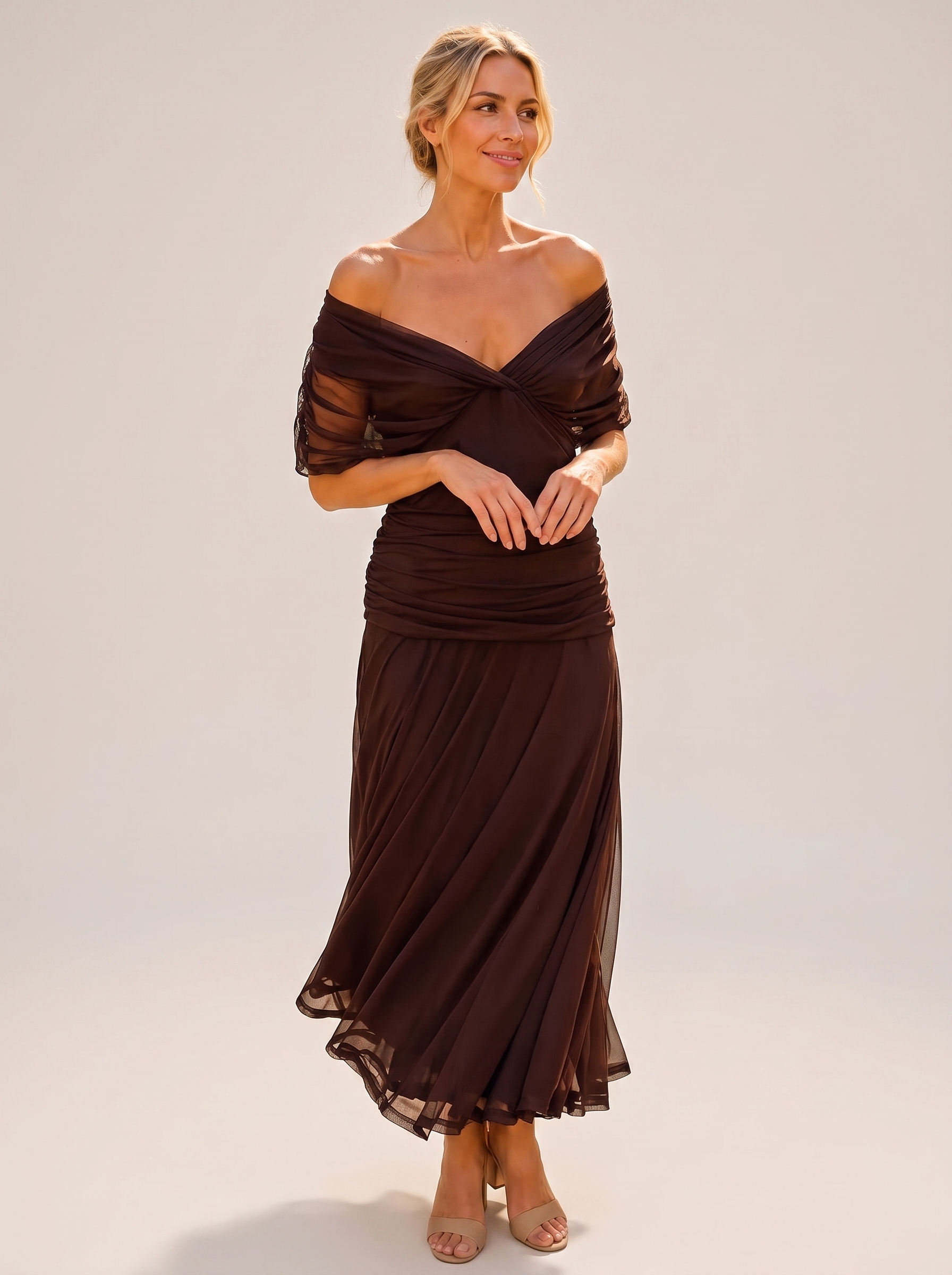 byExora Eloria Elegant Dress in Mocha - studio front view on neutral background