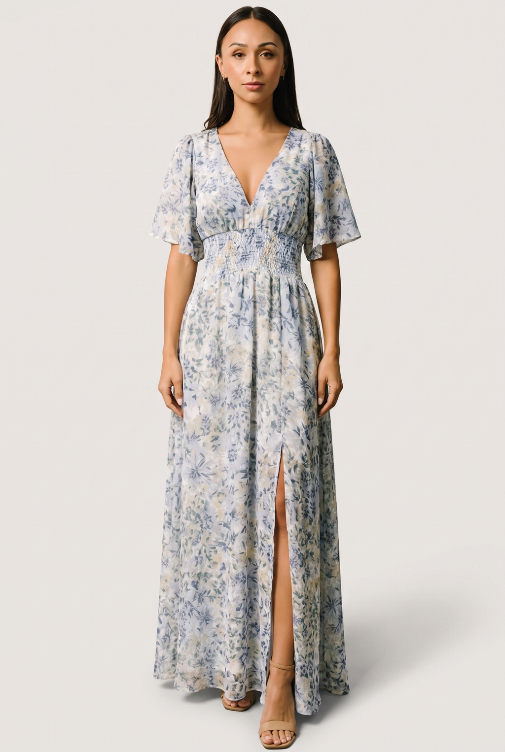 Verona Smocked Maxi Dress in white and blue floral print, front view