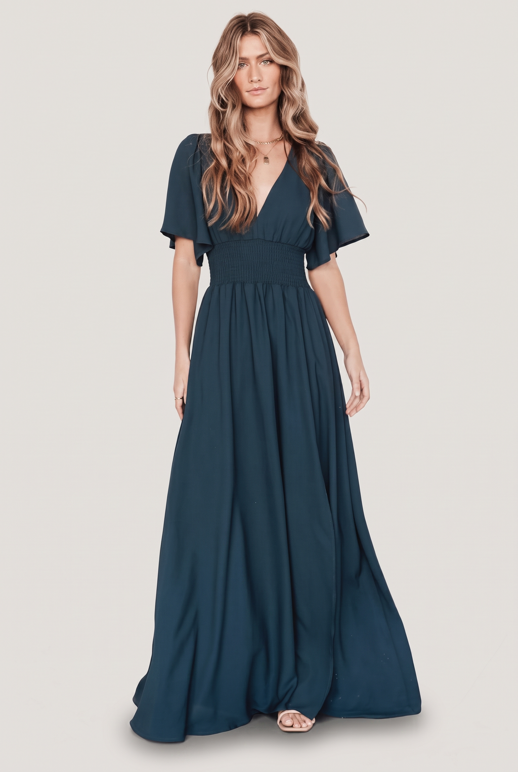 Verona Smocked Maxi Dress in Topaz teal, front full-length view