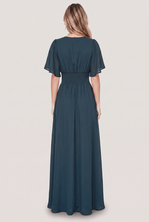 Verona Smocked Maxi Dress in Topaz teal, back full-length view showing shirred waist