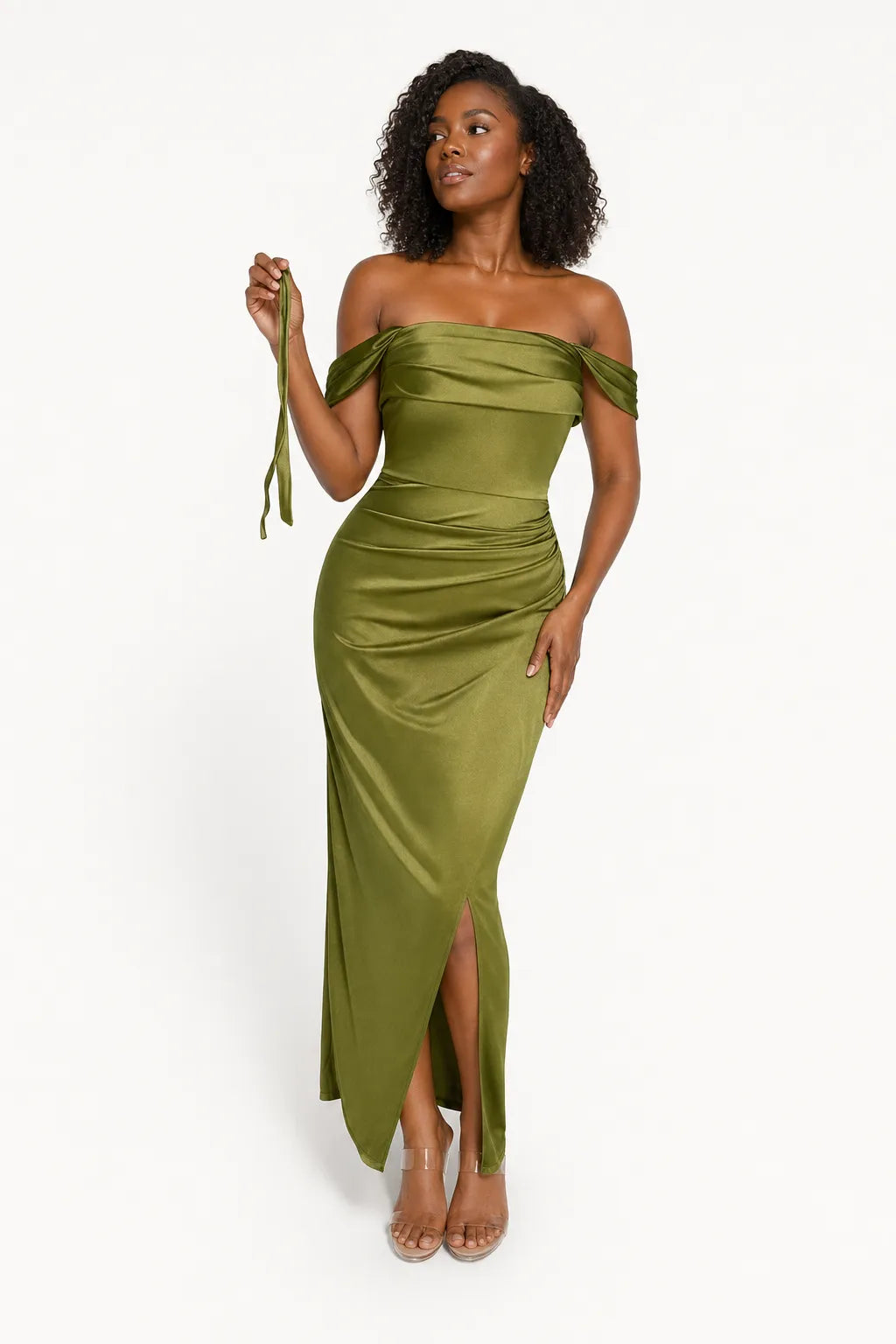 Shapewear Off Shoulder Shine Ruched Sculpting Maxi Dress
