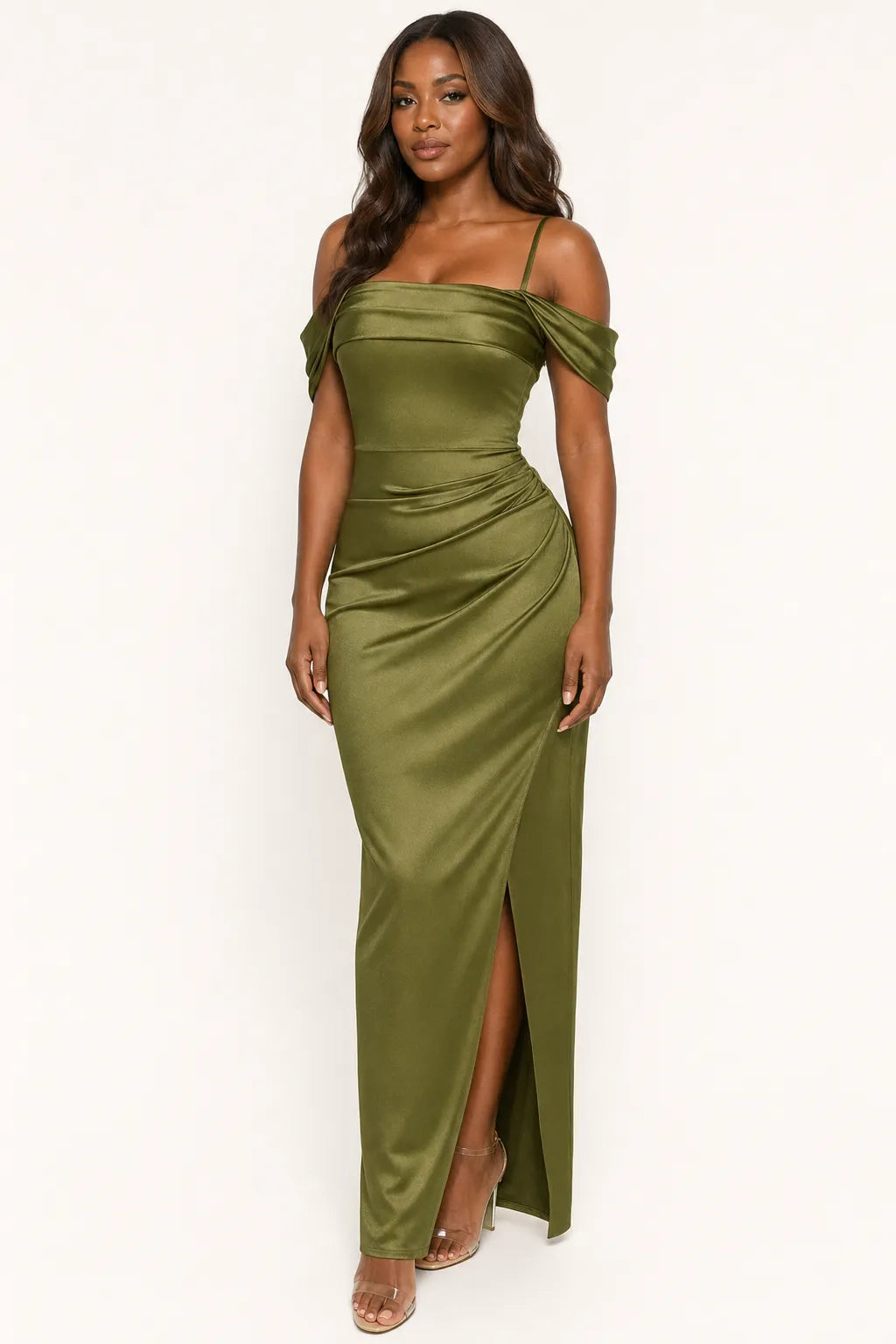 Shapewear Off Shoulder Shine Ruched Sculpting Maxi Dress