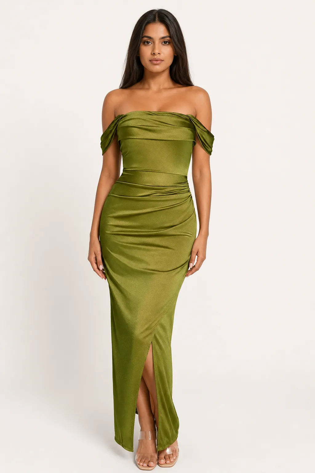 Shapewear Off Shoulder Shine Ruched Sculpting Maxi Dress