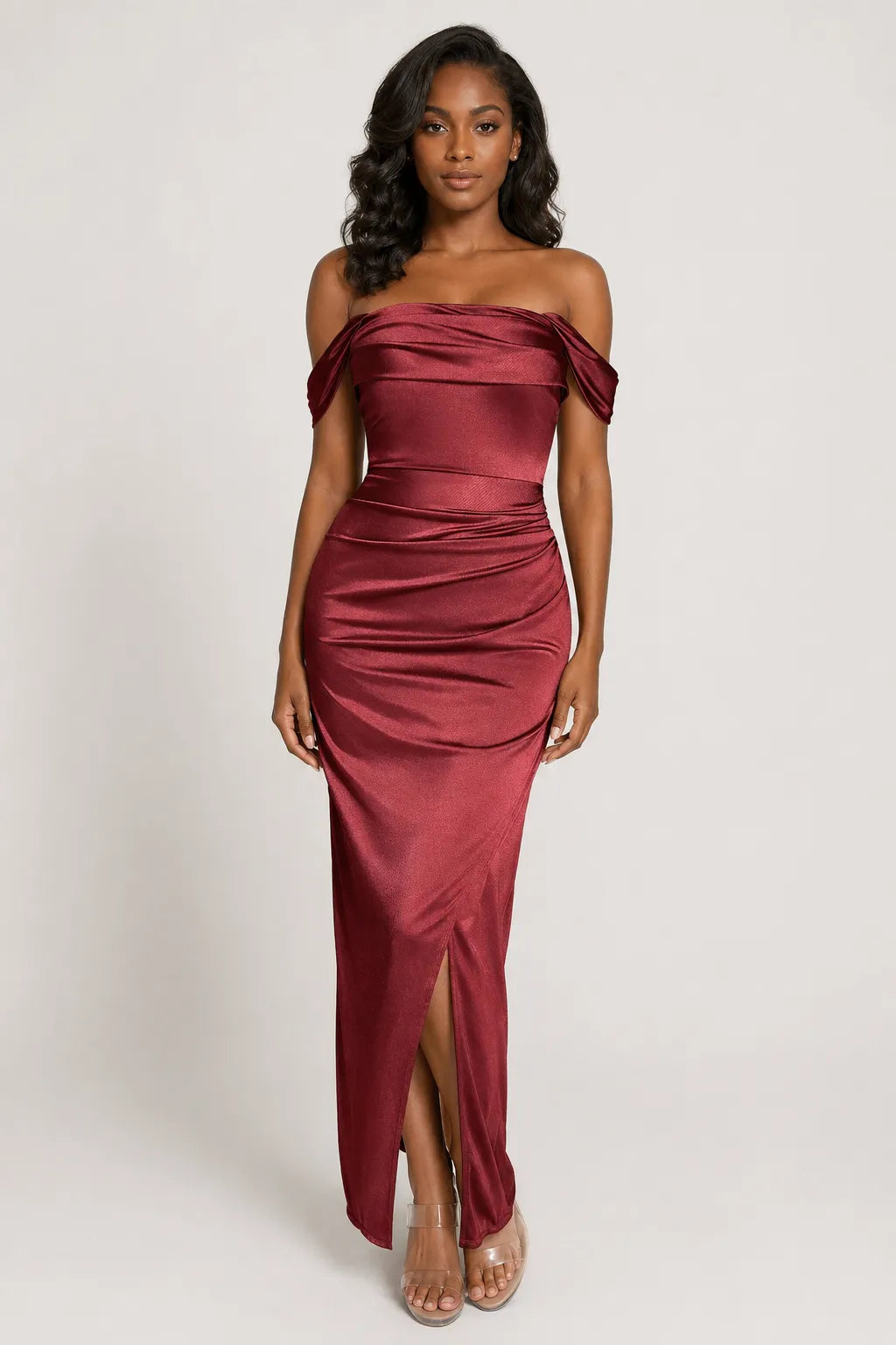 Shapewear Off Shoulder Shine Ruched Sculpting Maxi Dress