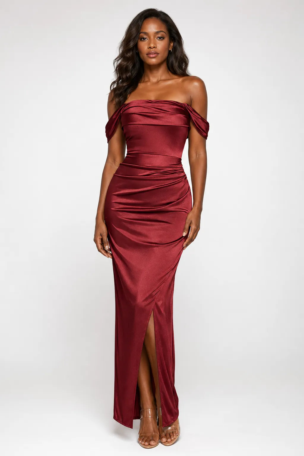 Shapewear Off Shoulder Shine Ruched Sculpting Maxi Dress