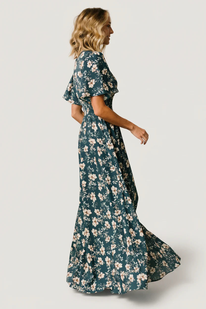 Verona Smocked Maxi Dress with V-Neck | Slate Floral