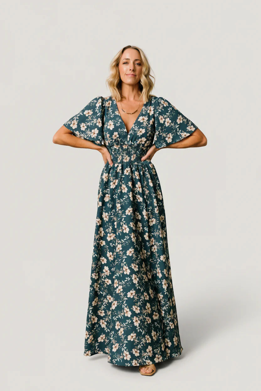 Verona Smocked Maxi Dress with V-Neck | Slate Floral