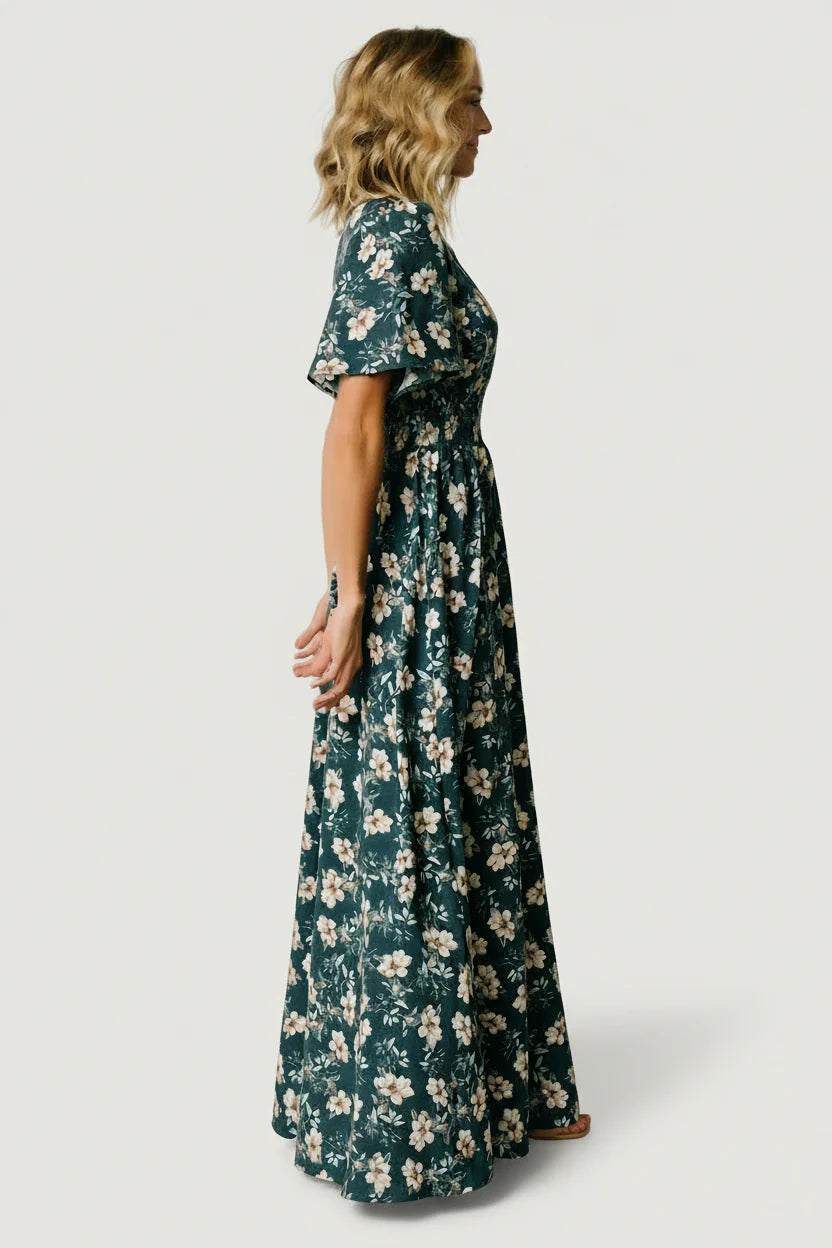 Verona Smocked Maxi Dress with V-Neck | Slate Floral
