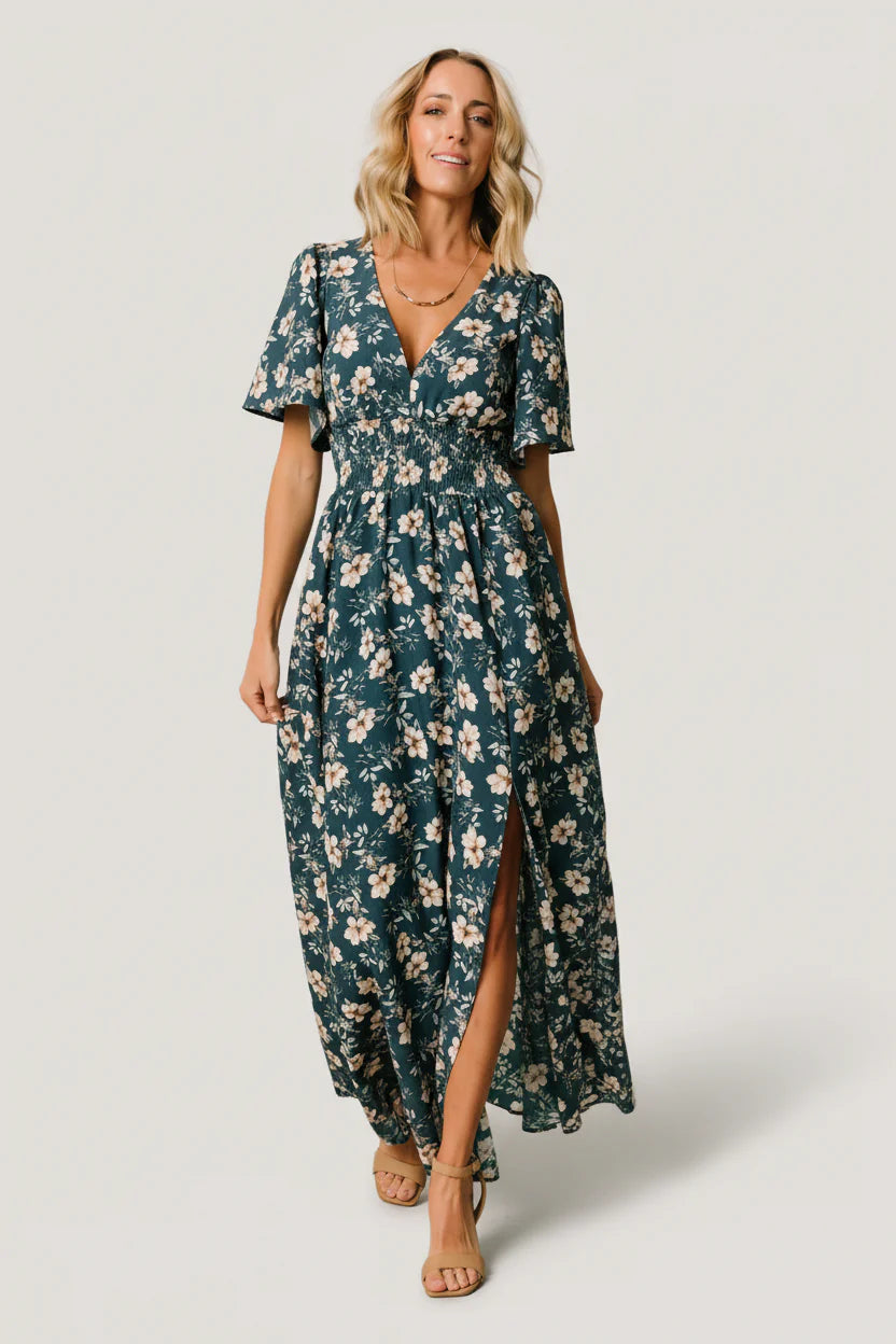 Verona Smocked Maxi Dress with V-Neck | Slate Floral
