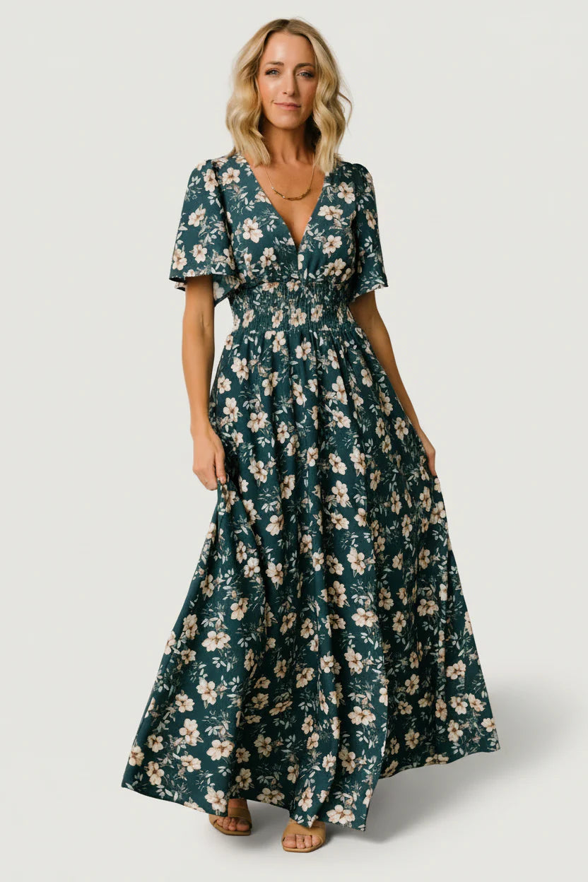 Verona Smocked Maxi Dress with V-Neck | Slate Floral