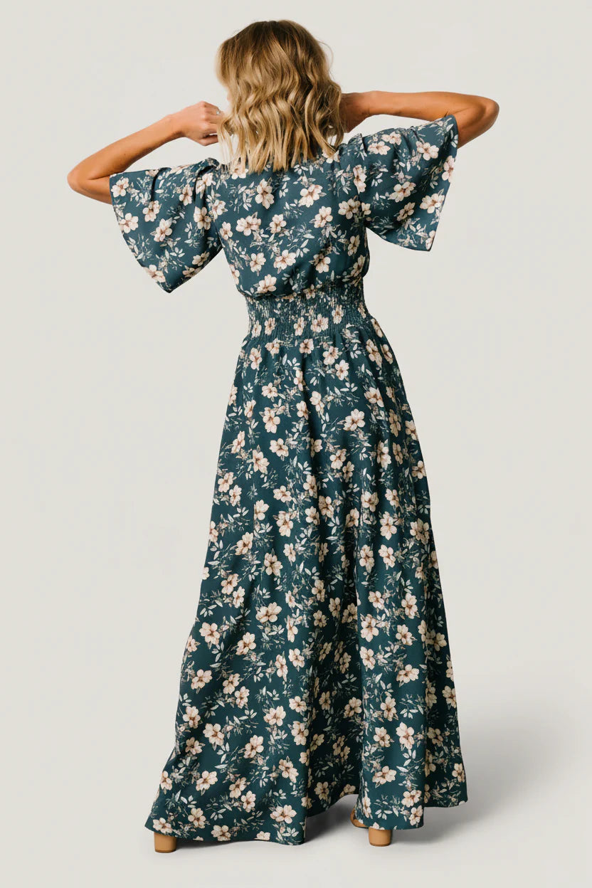 Verona Smocked Maxi Dress with V-Neck | Slate Floral