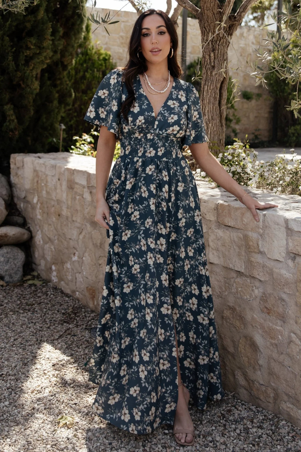 Verona Smocked Maxi Dress with V-Neck | Slate Floral