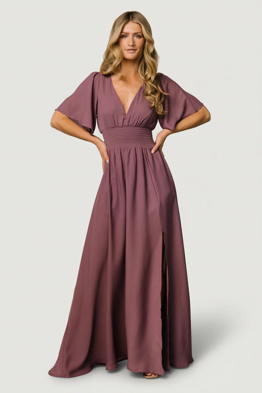 Verona Smocked Maxi Dress with V-Neck | Vintage Plum