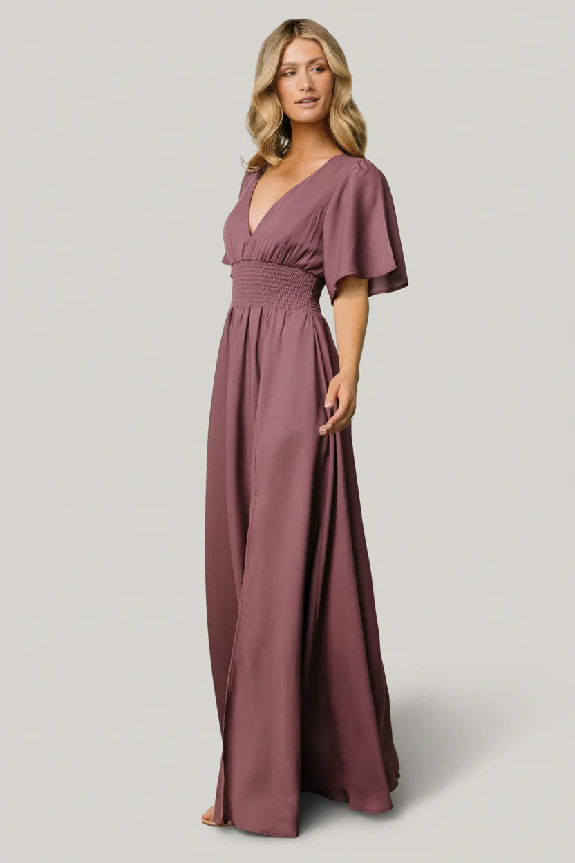 Verona Smocked Maxi Dress with V-Neck | Vintage Plum